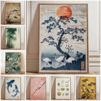 Japanese Crane Canvas Print with Red Sun and Pine Tree